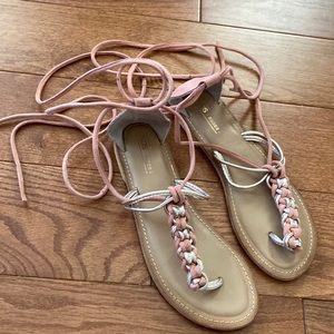 ASOS leather gladiator sandals pink and metallic gold woven size 7 EUC